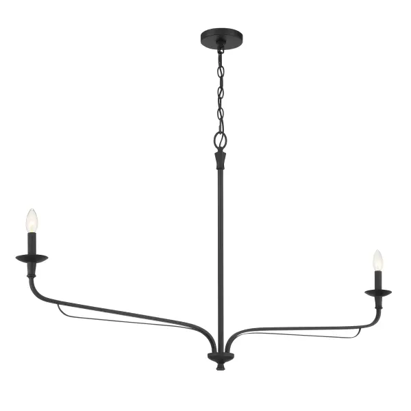 The Velena 50" chandelier combines traditional design sensibility with a sleek linear form and dark matte black finish. Its substantial 50-inch length makes it ideal for dining tables and kitchen islands, while the minimalist two-light configuration keeps the look refined and uncluttered.