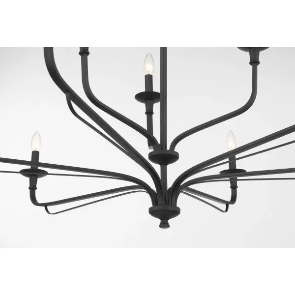 The Velena's impressive 47-inch span and 9-light configuration create dramatic illumination for spacious dining rooms and kitchen islands. Its traditional candelabra styling in matte black finish bridges classic and contemporary aesthetics. - alternate view