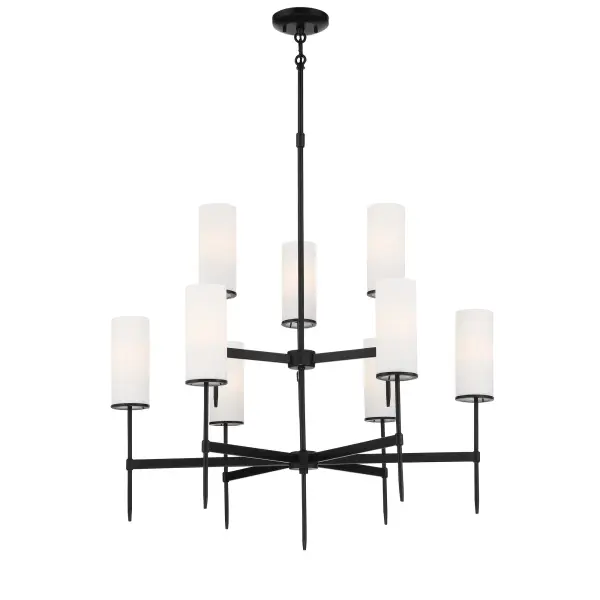 The First Avenue 9-Light Chandelier makes a dramatic statement with its coal black steel frame and etched white glass shades. This contemporary fixture balances industrial edge with refined elegance, perfect for modern dining spaces.