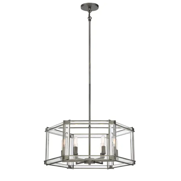 The Langen Square chandelier combines contemporary geometric design with timeless antique nickel finish. Six candelabra lights provide ample illumination while clear acrylic accents add modern sophistication.