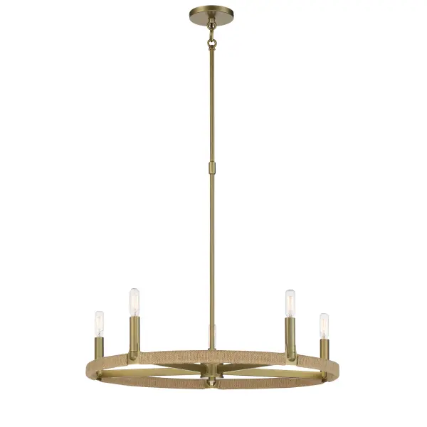 The Windward Passage chandelier brings nautical charm with its natural rope detailing and soft brass finish. Five candelabra lights provide ample illumination while the 26.75-inch width makes it versatile for dining rooms and kitchen islands.