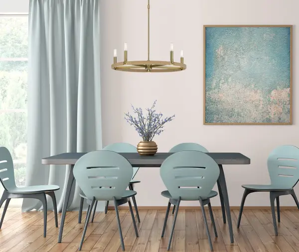 The Windward Passage chandelier brings nautical charm with its natural rope detailing and soft brass finish. Five candelabra lights provide ample illumination while the 26.75-inch width makes it versatile for dining rooms and kitchen islands. - alternate view