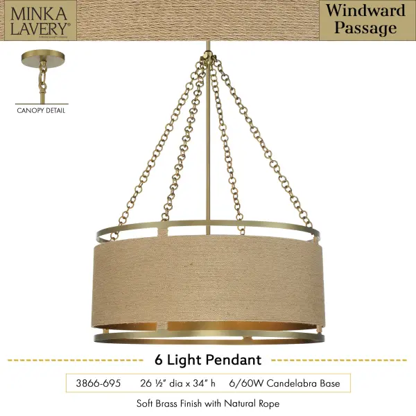 The Windward Passage pendant brings nautical elegance with its soft brass finish and natural rope accents. Six candelabra lights provide ample illumination while the 26.5-inch width makes it perfect for medium to large dining spaces. - alternate view