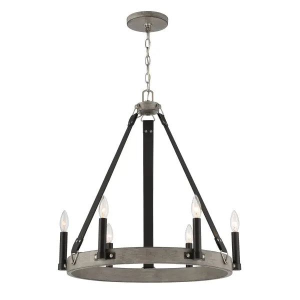 The Rawson Ridge chandelier blends modern design with industrial charm through its distinctive aged silverwood and coal two-tone finish. Six candelabra lights provide ample illumination while the steel construction ensures durability.