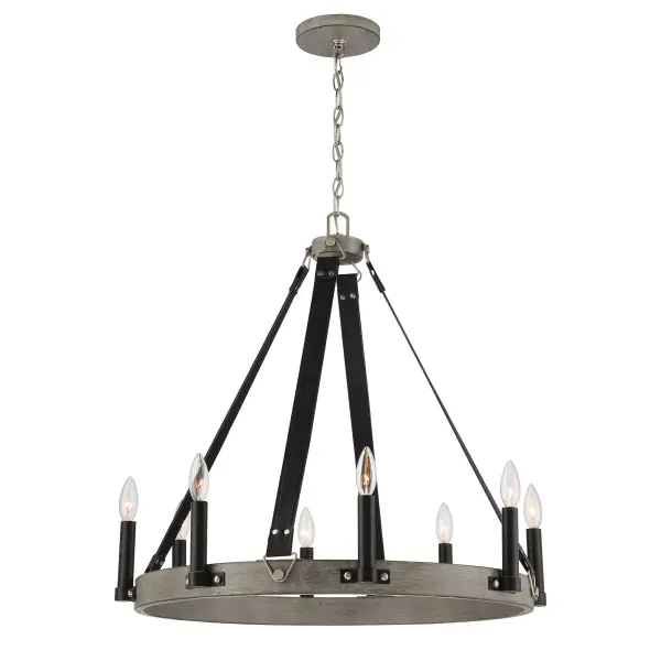 The Rawson Ridge 8-Light Chandelier combines aged silverwood and coal finishes for a sophisticated modern-industrial aesthetic. With 8 candelabra bulbs and generous 72-inch chain, it offers versatile installation and dimmable ambiance.