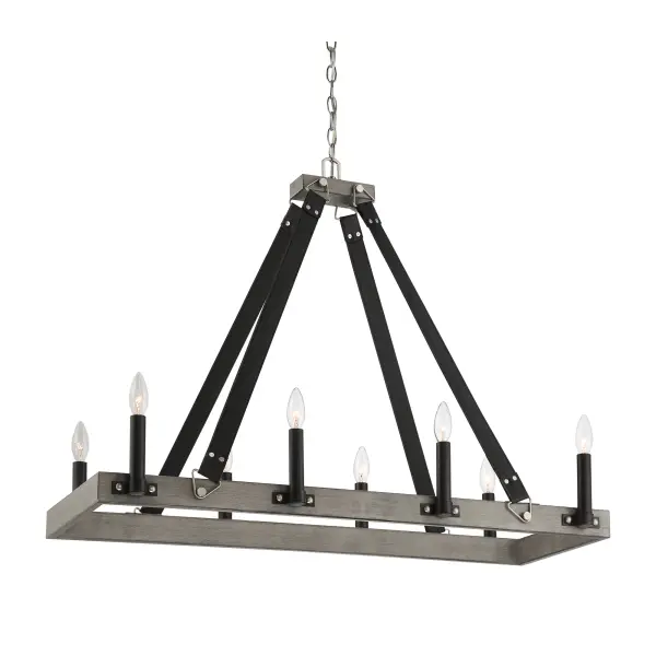 The Rawson Ridge brings industrial sophistication to kitchen islands and dining spaces with its distinctive aged silverwood and coal finish. Eight candelabra lights provide ample illumination while leather accents add unexpected warmth.