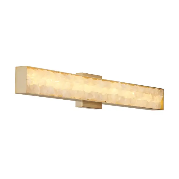 The Divinely wall sconce combines contemporary elegance with functional brilliance. Its 32-inch linear design features quartz crystalline accents set in warm Celeste Brass, delivering 3,285 lumens of high-CRI LED light perfect for vanity or statement wall applications. - alternate view