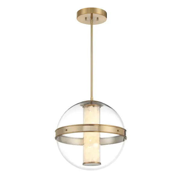 The Divinely pendant combines natural quartz crystalline with a sophisticated Celeste Brass finish, delivering 2,439 lumens of high-CRI LED light. Its 16.6-inch width makes it perfect for medium-sized spaces seeking elegant illumination.