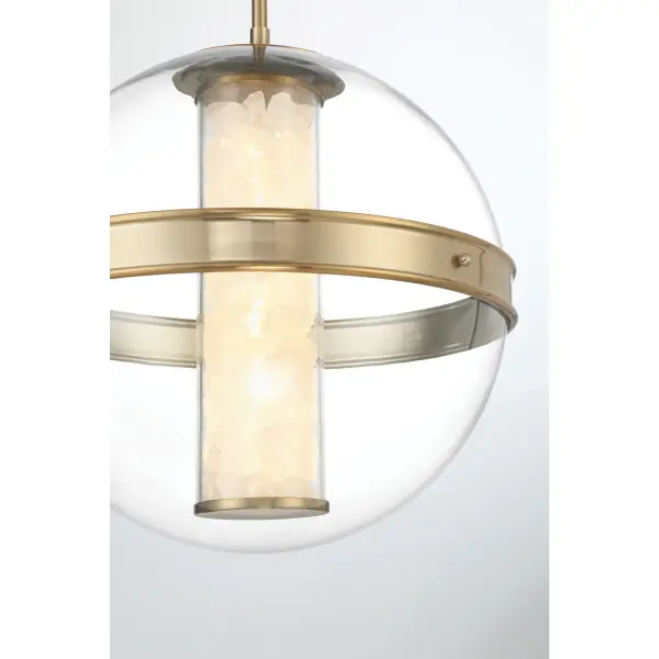 The Divinely pendant combines natural quartz crystalline with a sophisticated Celeste Brass finish, delivering 2,439 lumens of high-CRI LED light. Its 16.6-inch width makes it perfect for medium-sized spaces seeking elegant illumination. - alternate view