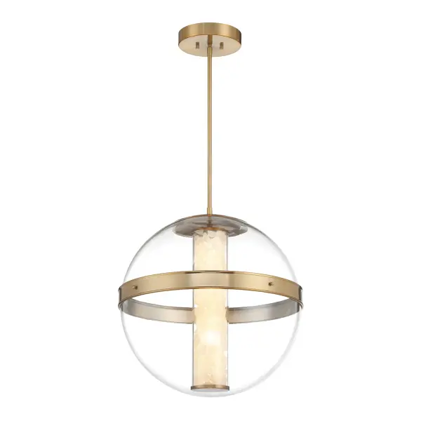 The Divinely pendant combines natural quartz crystalline with a sophisticated Celeste Brass finish, delivering 4,721 lumens of high-CRI LED light. Its 20-inch width makes it perfect for medium-sized spaces seeking elegant illumination.