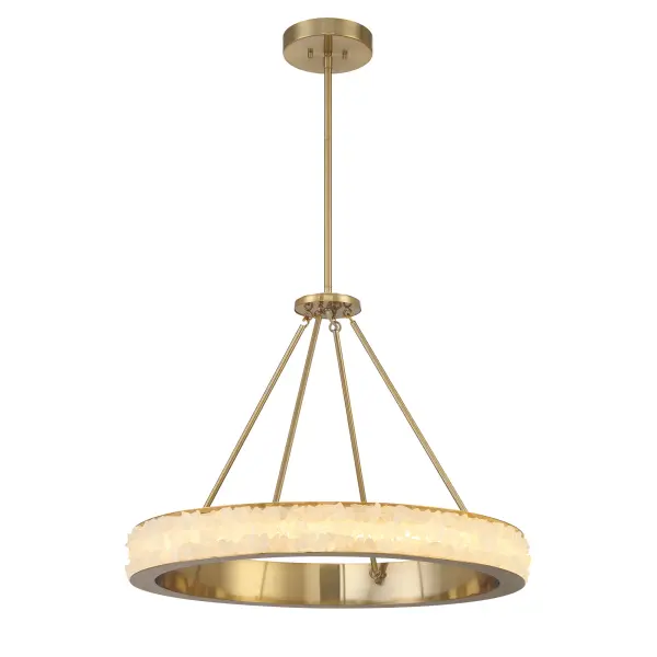The Divinely chandelier combines natural quartz crystalline with contemporary brass metalwork, creating an elegant focal point. High-output LED technology delivers 4,406 lumens with exceptional color rendering.