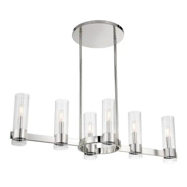 The Vernon Place 6-Light Island Chandelier combines polished chrome with clear ribbed glass for a sophisticated transitional look. Its 42-inch linear design provides excellent task lighting over kitchen islands and dining tables.