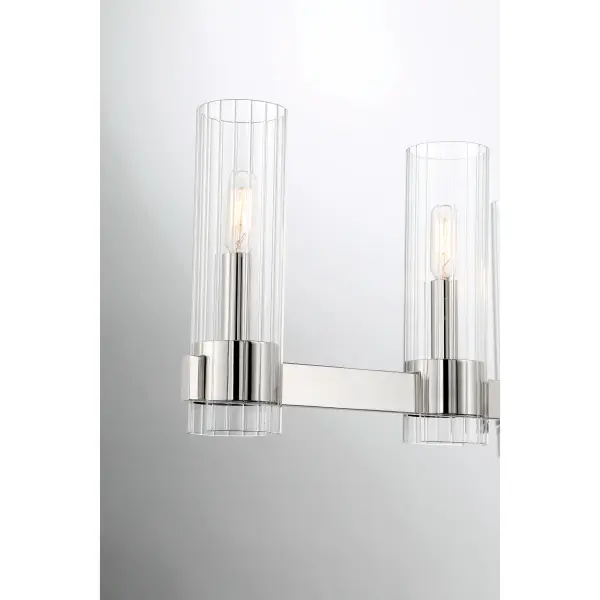 The Vernon Place 6-Light Island Chandelier combines polished chrome with clear ribbed glass for a sophisticated transitional look. Its 42-inch linear design provides excellent task lighting over kitchen islands and dining tables. - alternate view