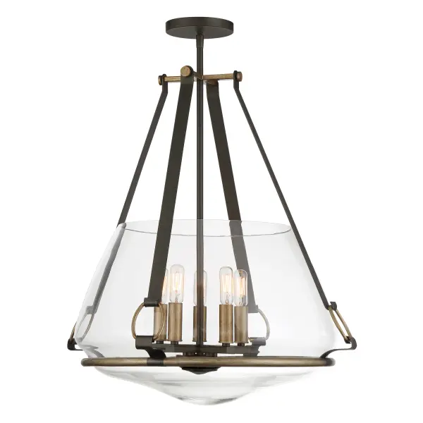 The Eden Valley combines modern sophistication with industrial edge through its smoked iron and aged gold finish. Five candelabra lights behind clear glass shades provide ample illumination, while the convertible design offers flexibility for various ceiling heights.