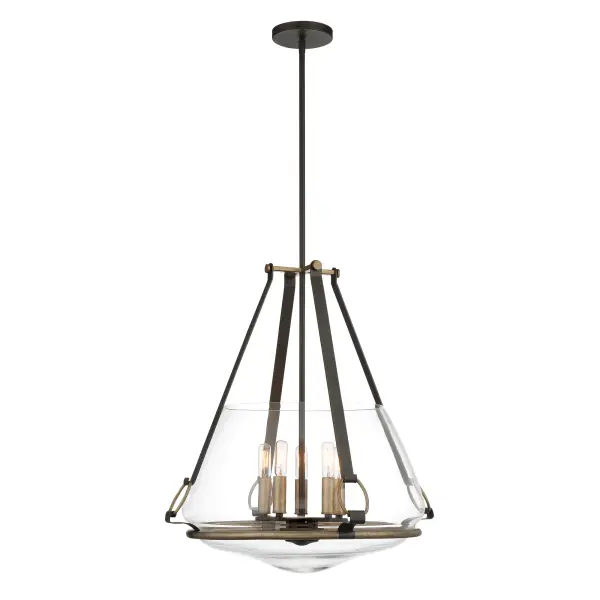The Eden Valley combines modern sophistication with industrial edge through its smoked iron and aged gold finish. Five candelabra lights behind clear glass shades provide ample illumination, while the convertible design offers flexibility for various ceiling heights. - alternate view