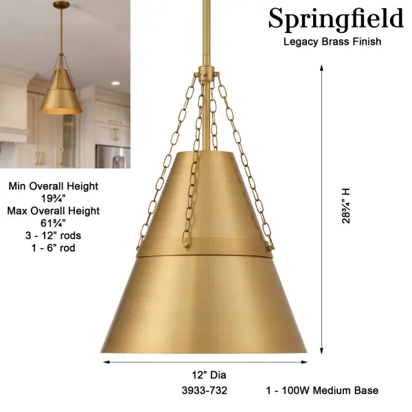 Springfield 12" 1-Light Pendant in Legacy Brass - Image 3