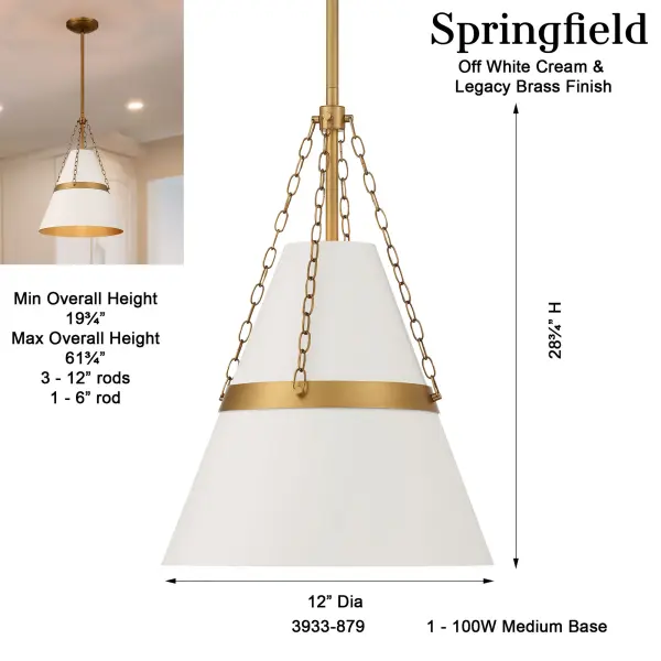 Springfield 12" Pendant Light in Off White Cream & Legacy Brass - Image 3