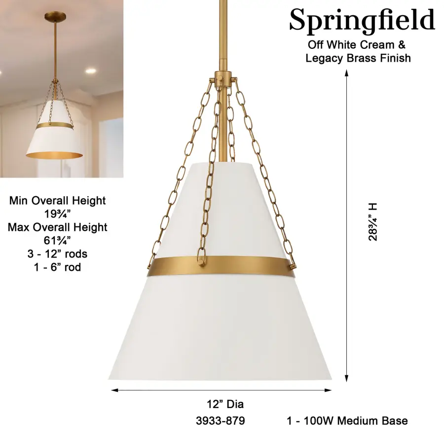 Springfield 12" Pendant Light in Off White Cream & Legacy Brass - Image 3