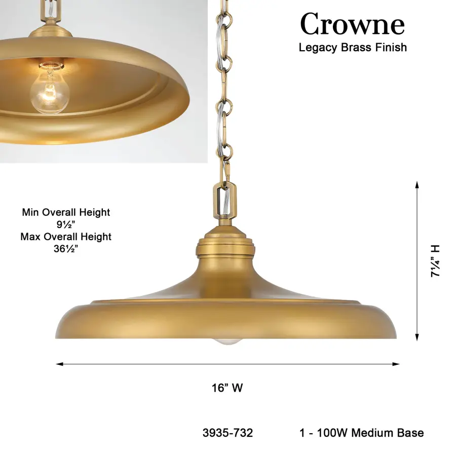 Crowne 16" 1-Light Pendant in Legacy Brass - Image 3