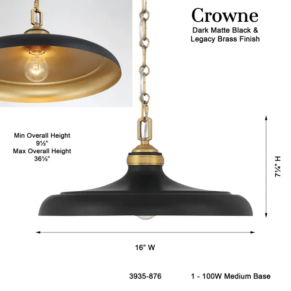 Crowne 16" 1-Light Pendant in Dark Matte Black and Legacy Brass - Image 3
