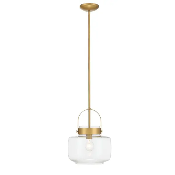 The WickGlow pendant combines warm Legacy Brass finish with clear glass for versatile transitional style. At 11 inches wide, it's perfectly sized for kitchen islands, breakfast nooks, or entryways. - alternate view