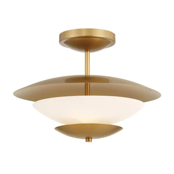The Solara semi-flush mount combines contemporary styling with timeless brass warmth. Its 18-inch diameter and faux alabaster shade provide soft, diffused lighting ideal for intimate spaces with standard ceiling heights.