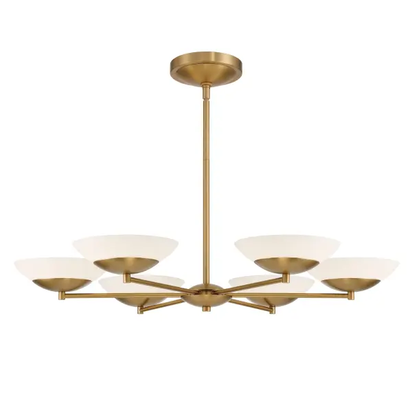 The Solara 36" LED Chandelier combines contemporary design with timeless materials. Its Legacy Brass finish and faux alabaster elements create a warm, inviting glow perfect for dining spaces and grand entryways.