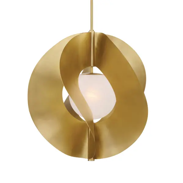 The Gloria pendant combines warm Legacy Brass finish with handcrafted seeded glass for a sophisticated transitional look. At 24 inches wide, it makes a bold statement while the etched glass diffuses light beautifully.