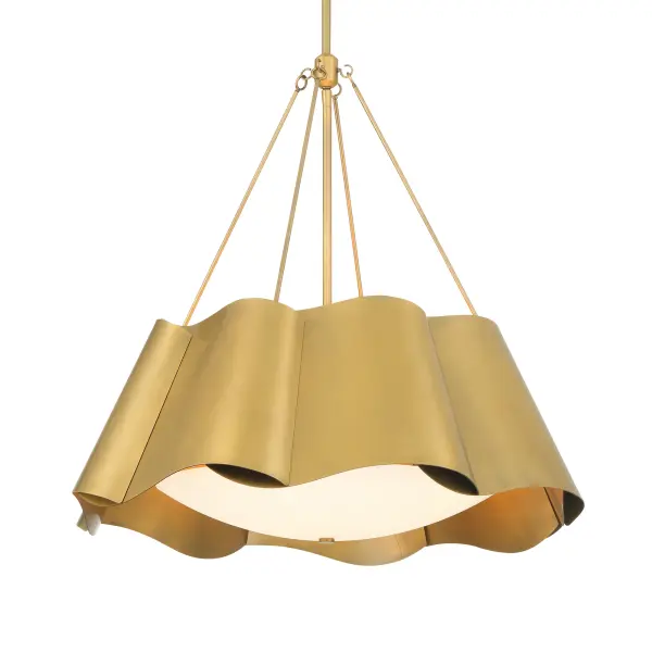 The Waveform pendant combines classic brass warmth with contemporary clean lines. Its 26-inch width and etched glass shades provide generous illumination while the transitional design bridges traditional and modern aesthetics seamlessly.