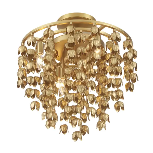 The Ashgrove semi-flush mount combines contemporary design with warm Legacy Brass finish, delivering versatile ambient lighting through 6 candelabra bulbs. Its compact 21-inch profile suits standard ceiling heights perfectly.