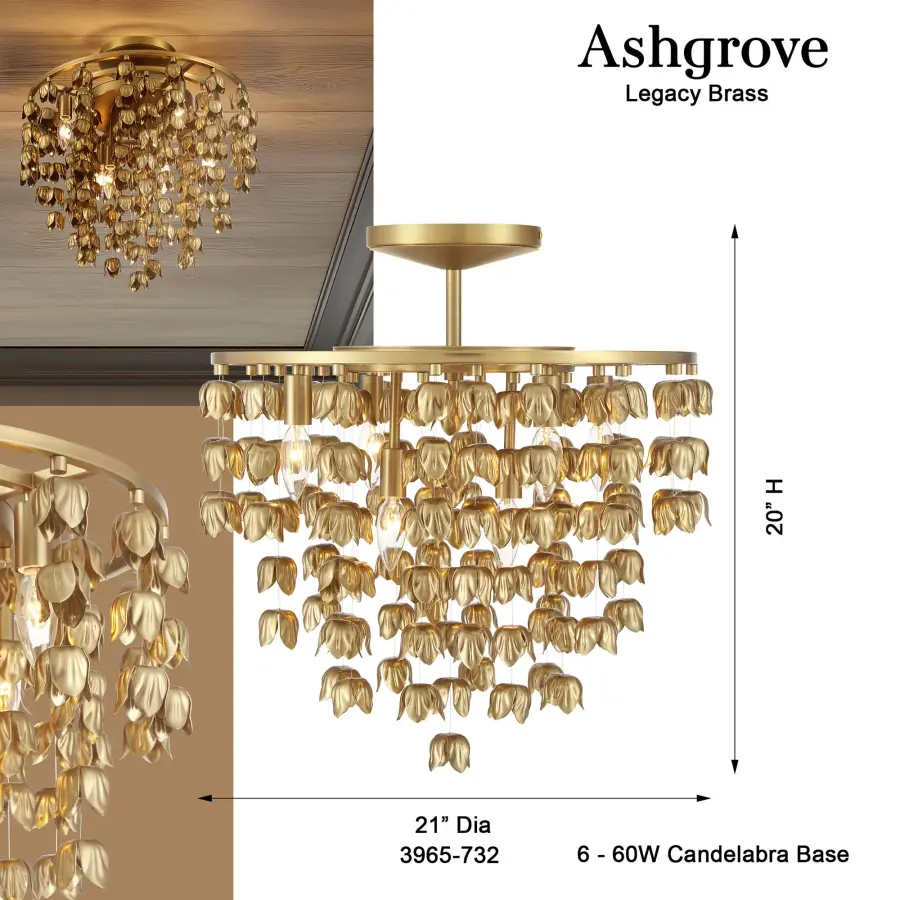 Ashgrove 21" 6-Light Semi Flush in Legacy Brass - Image 3