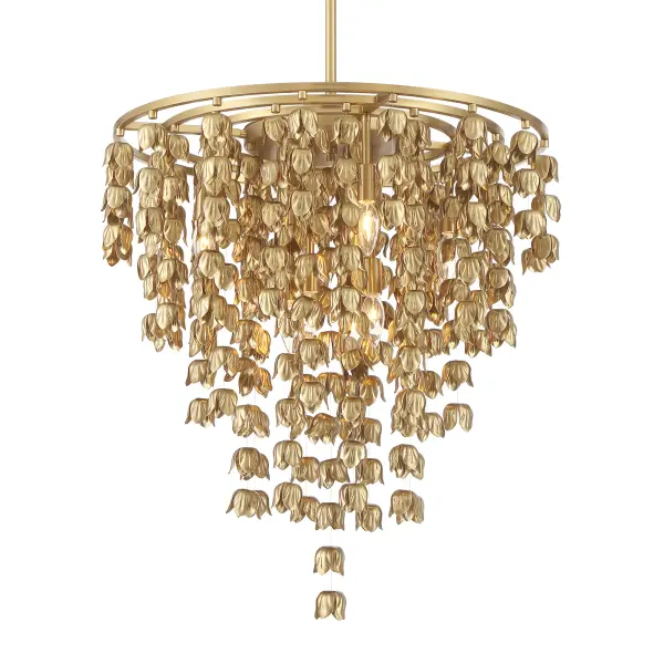 The Ashgrove pendant delivers dramatic illumination with eight candelabra bulbs arranged in a modern geometric design. Its Legacy Brass finish adds warmth and sophistication to dining rooms and entryways.