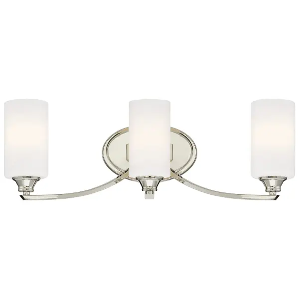 The Tilbury 3-Light Bath fixture combines traditional elegance with contemporary simplicity. Its 24-inch width and polished nickel finish make it ideal for medium to large vanities, while etched opal glass shades provide soft, flattering illumination.