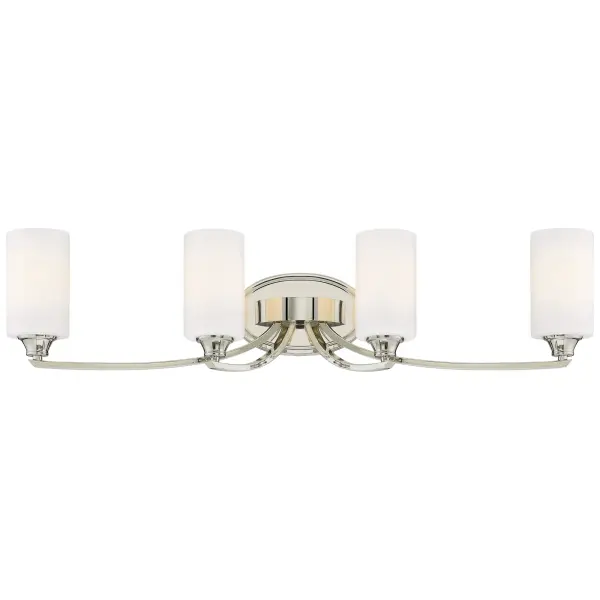 The Tilbury 4-Light Bath Vanity delivers sophisticated illumination with its polished nickel finish and etched opal glass shades. At 33.25 inches wide, it provides ample lighting for medium to large vanities while maintaining a refined transitional aesthetic.