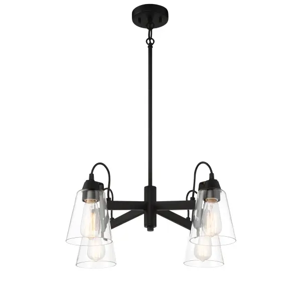 The Beckonridge 4-Light Chandelier combines transitional elegance with industrial character. Its 24-inch square frame in coal black finish and clear glass shades create a bold yet refined statement perfect for dining spaces and kitchen islands.