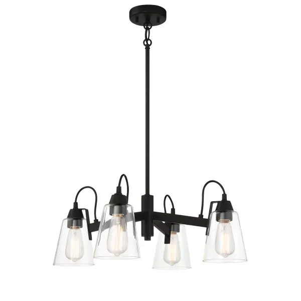 The Beckonridge 4-Light Chandelier combines transitional elegance with industrial character. Its 24-inch square frame in coal black finish and clear glass shades create a bold yet refined statement perfect for dining spaces and kitchen islands. - alternate view