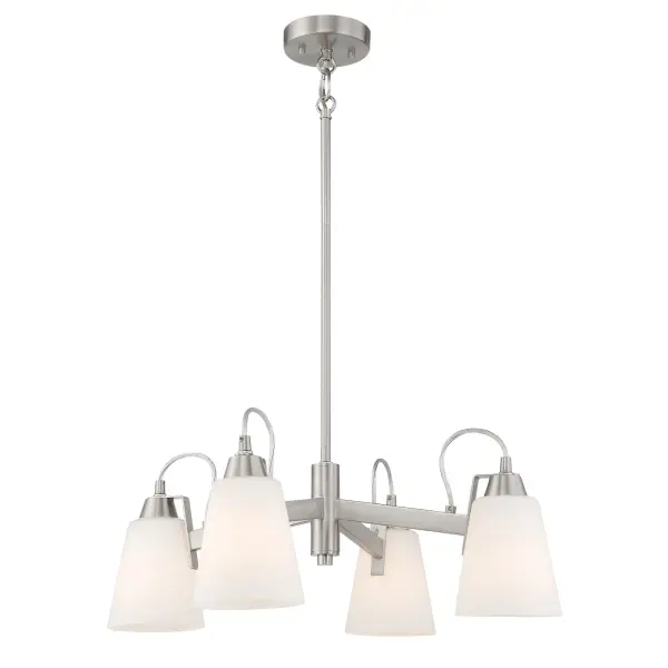 The Beckonridge 4-Light Chandelier combines brushed nickel finish with etched glass shades for a refined transitional look. Its 24-inch square profile makes it ideal for medium-sized dining rooms and kitchen islands.