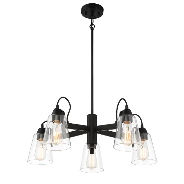 The Beckonridge 5-Light Chandelier combines transitional elegance with industrial character through its coal black finish and clear glass shades. At 26 inches wide, it's perfectly sized for medium dining spaces and kitchen islands.