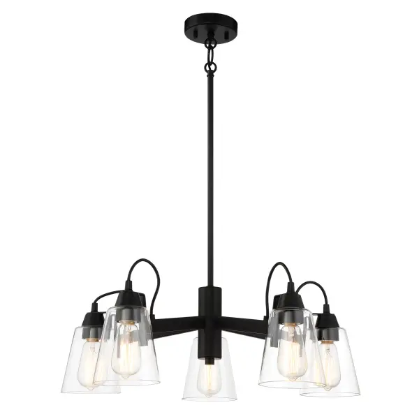 The Beckonridge 5-Light Chandelier combines transitional elegance with industrial character through its coal black finish and clear glass shades. At 26 inches wide, it's perfectly sized for medium dining spaces and kitchen islands. - alternate view