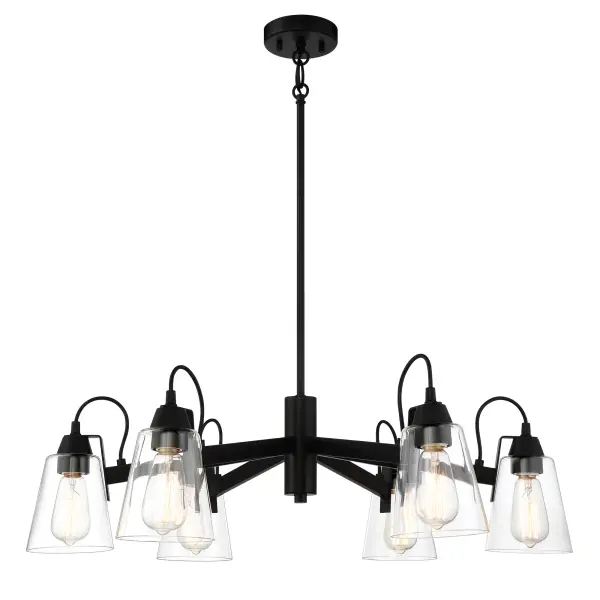 The Beckonridge 6-Light Chandelier combines transitional elegance with industrial character through its coal black finish and clear glass shades. Its 32-inch width makes it perfectly sized for medium dining rooms and kitchen islands.