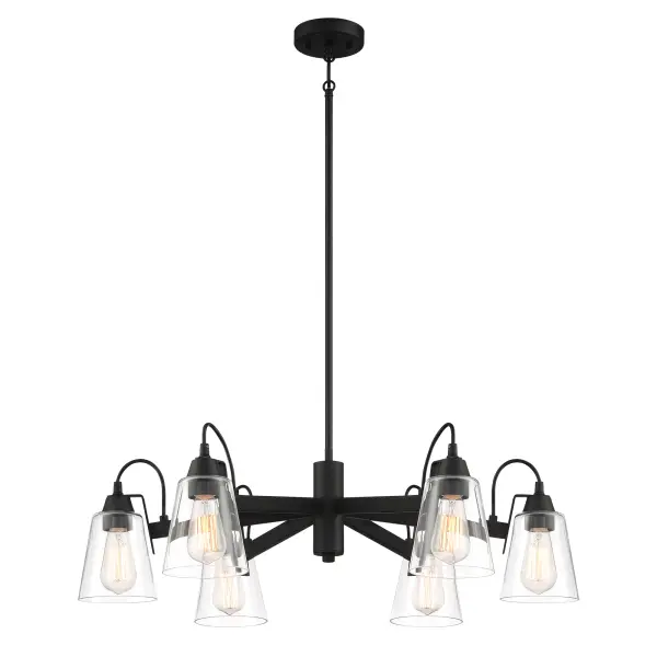The Beckonridge 6-Light Chandelier combines transitional elegance with industrial character through its coal black finish and clear glass shades. Its 32-inch width makes it perfectly sized for medium dining rooms and kitchen islands. - alternate view