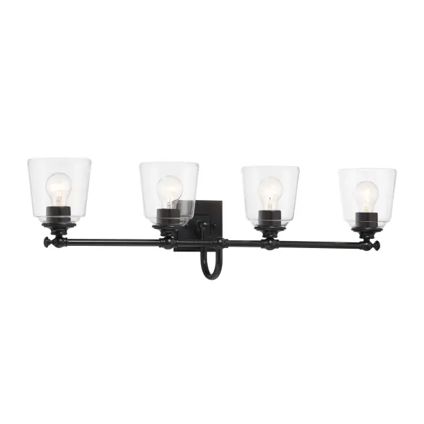 The Antonia 4-Light Vanity delivers contemporary style with its clean lines and dramatic coal black finish. At 35 inches wide, it provides ample illumination for medium to large vanities while making a bold design statement.