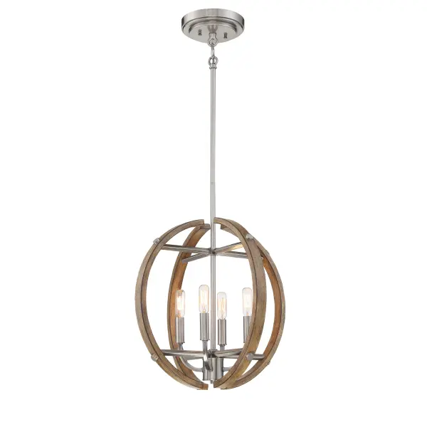 The Country Estates pendant blends weathered wood character with brushed nickel accents for a sophisticated farmhouse aesthetic. Its 4-light candelabra design provides ample illumination while the 16.75-inch frame creates visual impact without overwhelming medium-sized spaces.