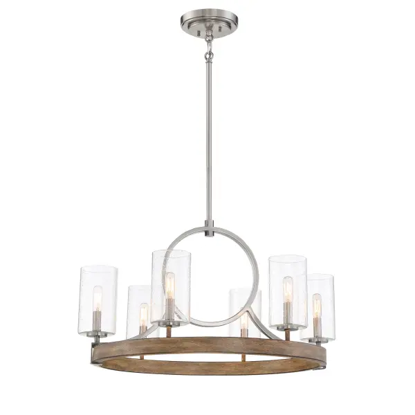 The Country Estates chandelier blends sun-faded wood with brushed nickel accents for a warm, inviting aesthetic. Six candelabra lights with seeded glass shades create ambient illumination perfect for casual dining spaces.