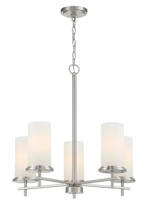 5 Light Chandelier in Brushed Nickel Finish with Etched White Glass