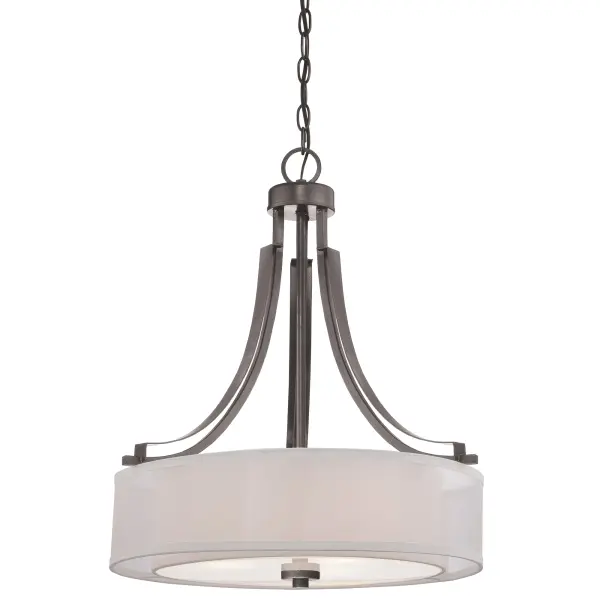 The Parsons Studio pendant combines industrial smoked iron hardware with elegant layered linen shades, creating warm, diffused lighting perfect for dining spaces. Its 20.5-inch width and three-light configuration provide substantial illumination while the translucent fabric softens the glow.