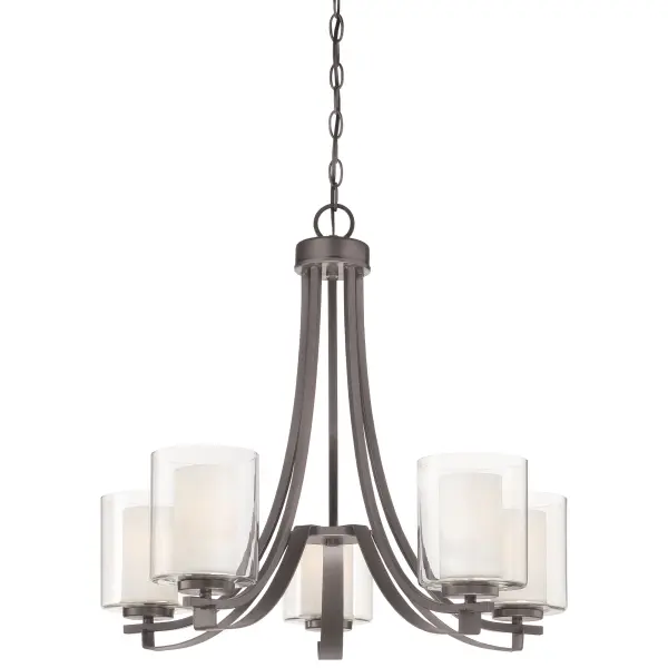 The Parsons Studio 5-Light Chandelier combines clean lines with an industrial smoked iron finish, making it a versatile choice for modern and traditional spaces. The mix of clear and etched glass shades provides layered lighting.