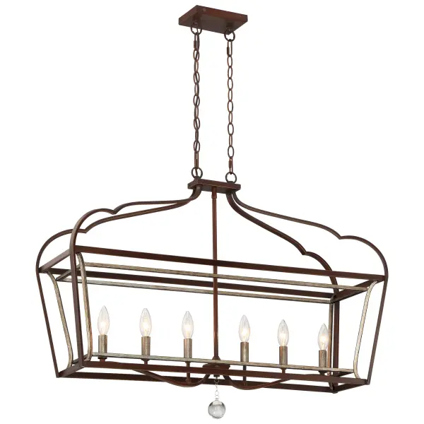 The Astrapia Island Light combines traditional elegance with practical functionality. Its 36-inch linear design and warm Dark Rubbed Sienna finish with Aged Silver accents create visual interest over dining tables and kitchen islands.