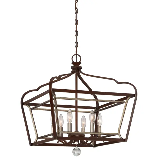 The Astrapia pendant combines traditional craftsmanship with contemporary sensibility through its distinctive dark rubbed sienna and aged silver finish. Six candelabra lights provide ample illumination while acrylic accents soften the overall aesthetic.