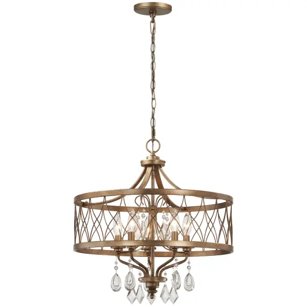 The West Liberty chandelier combines classic design with luxurious crystal detailing in a warm Olympus Gold finish. Its 6-light configuration provides ample illumination while the 20.5-inch diameter makes it versatile for medium-sized spaces.
